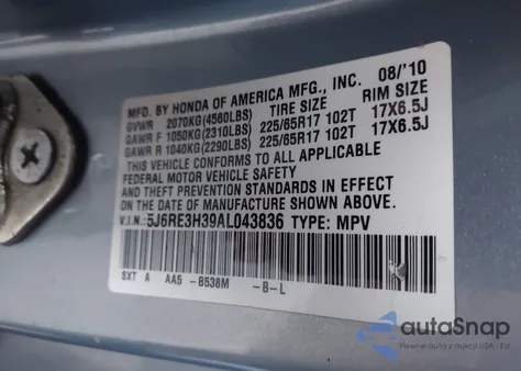 2010 Honda Cr-V Lx from USA, damaged, VIN 5J6RE3H39AL043836